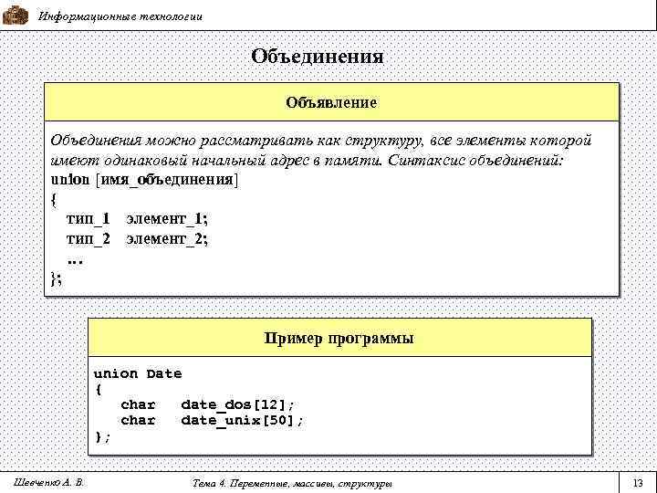 Информационные технологии Объединения Объявление Объединения можно рассматривать как структуру, все элементы которой имеют одинаковый