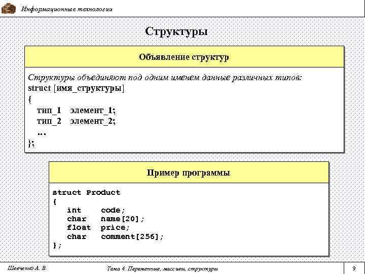 Информационные технологии Структуры Объявление структур Структуры объединяют под одним именем данные различных типов: struct