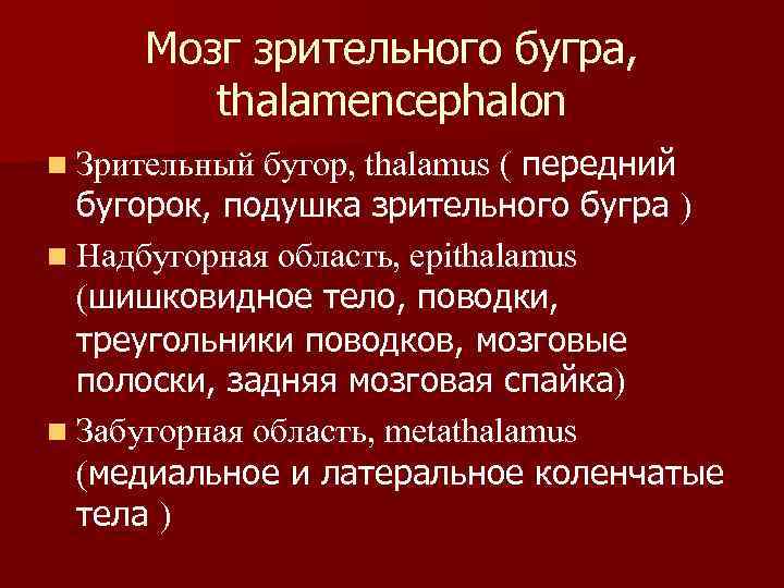 Мозг зрительного бугра, thalamencephalon передний бугорок, подушка зрительного бугра ) n Надбугорная область, epithalamus