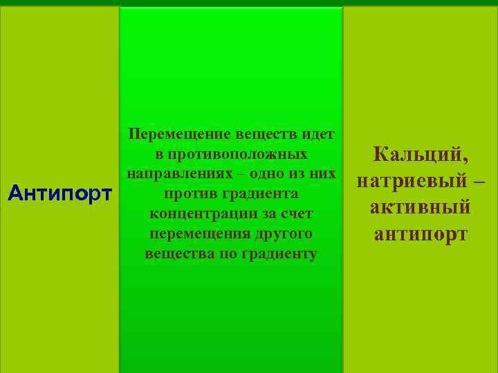 Антипорт Перемещение веществ идет в противоположных направлениях – одно из них против градиента концентрации