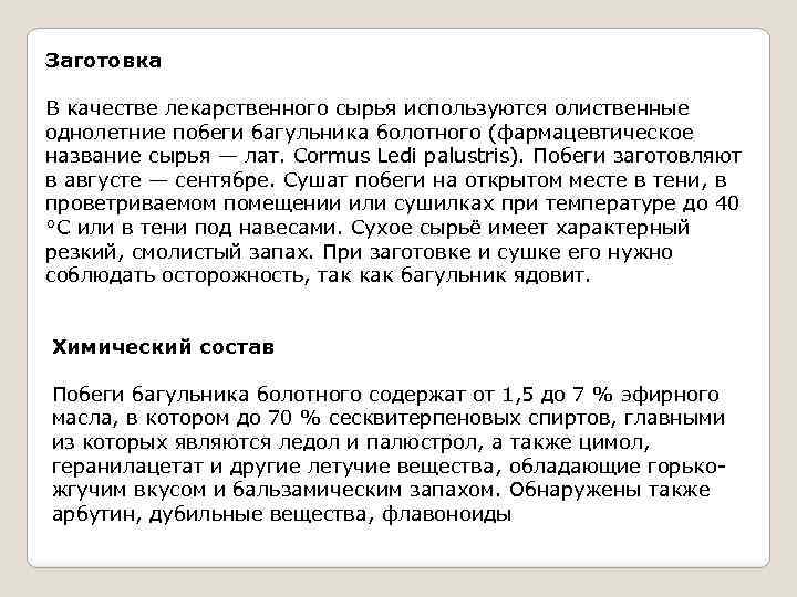 Заготовка В качестве лекарственного сырья используются олиственные однолетние побеги багульника болотного (фармацевтическое название сырья
