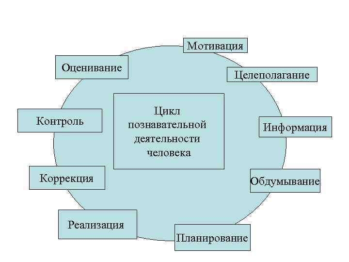 Мотивация Оценивание Контроль Целеполагание Цикл познавательной деятельности человека Коррекция Информация Обдумывание Реализация Планирование 