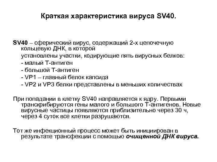 Краткая характеристика вируса SV 40 – сферический вирус, содержащий 2 -х цепочечную кольцевую ДНК,