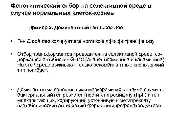 Фенотипический отбор на селективной среде в случае нормальных клеток-хозяев Пример 2. Доминантный ген E.