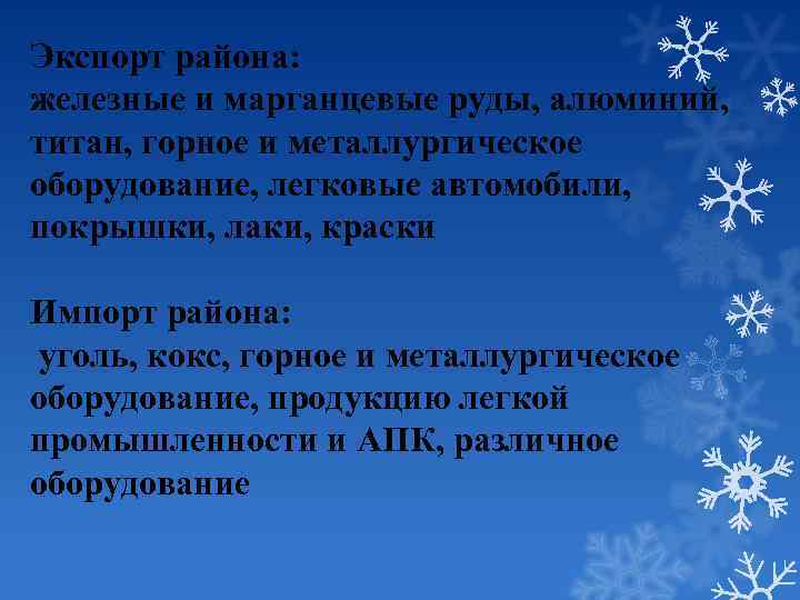 Экспорт района: железные и марганцевые руды, алюминий, титан, горное и металлургическое оборудование, легковые автомобили,