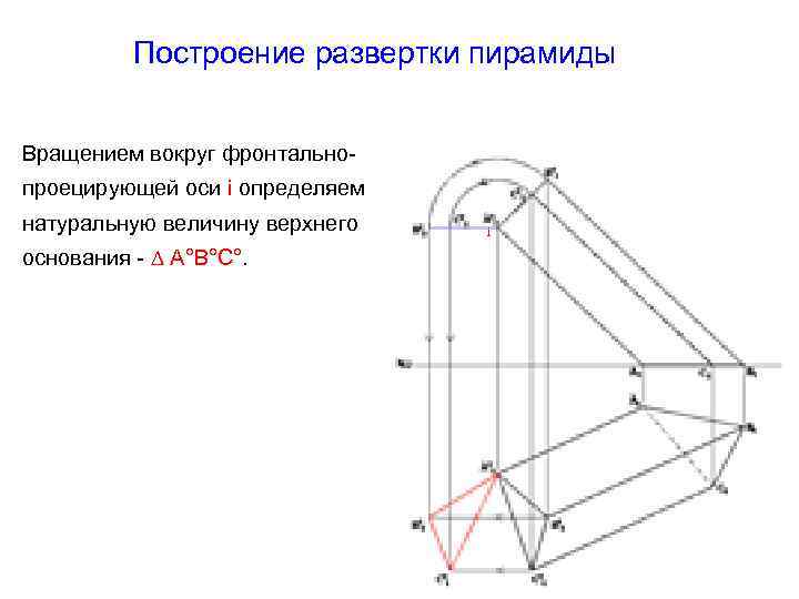 Построение развертки пирамиды Вращением вокруг фронтальнопроецирующей оси i определяем натуральную величину верхнего основания -