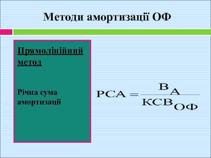 Методи амортизації ОФ Прямолінійний метод Річна сума амортизації 