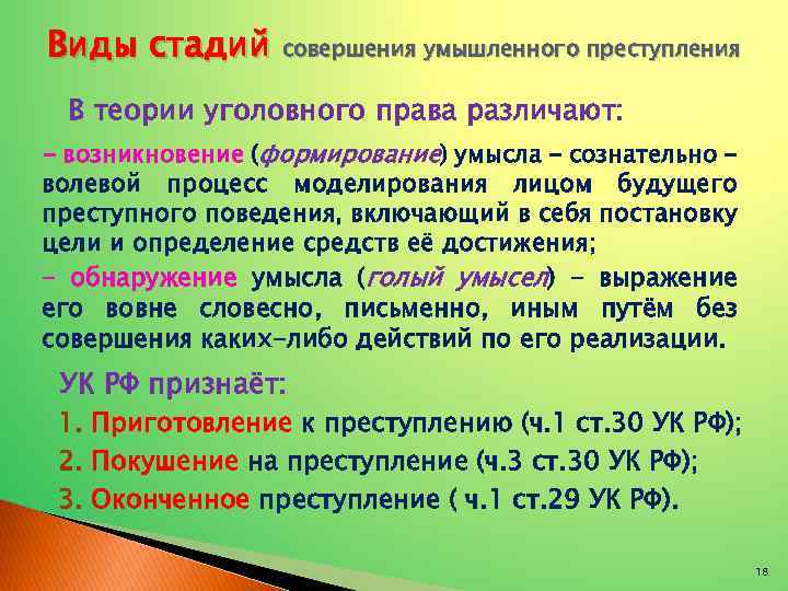 Виды стадий совершения умышленного преступления В теории уголовного права различают: - возникновение (формирование) умысла