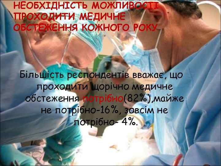 НЕОБХІДНІСТЬ МОЖЛИВОСТІ ПРОХОДИТИ МЕДИЧНЕ ОБСТЕЖЕННЯ КОЖНОГО РОКУ Більшість респондентів вважає, що проходити щорічно медичне