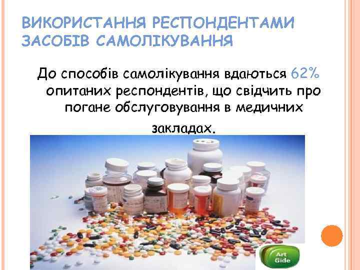 ВИКОРИСТАННЯ РЕСПОНДЕНТАМИ ЗАСОБІВ САМОЛІКУВАННЯ До способів самолікування вдаються 62% опитаних респондентів, що свідчить про