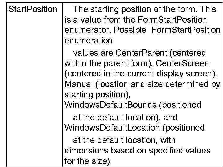 Start. Position The starting position of the form. This is a value from the