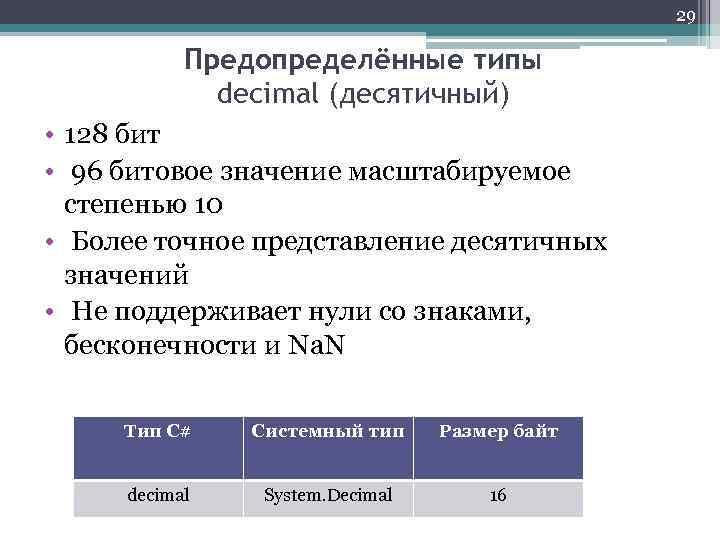 29 Предопределённые типы decimal (десятичный) • 128 бит • 96 битовое значение масштабируемое степенью