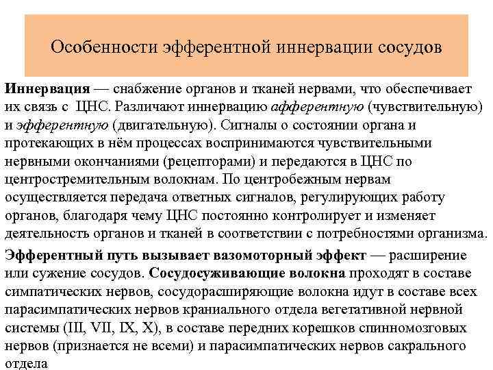 Особенности эфферентной иннервации сосудов Иннервация — снабжение органов и тканей нервами, что обеспечивает их