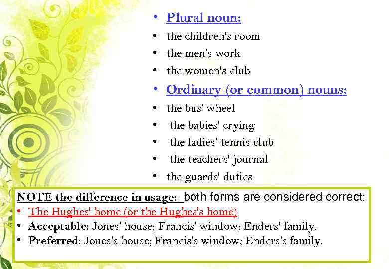  • Plural noun: • the children's room • the men's work • the
