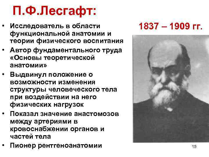 П. Ф. Лесгафт: • Исследователь в области функциональной анатомии и теории физического воспитания •
