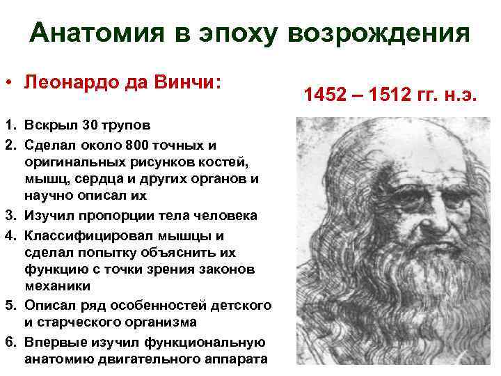 Анатомия в эпоху возрождения • Леонардо да Винчи: 1. Вскрыл 30 трупов 2. Сделал