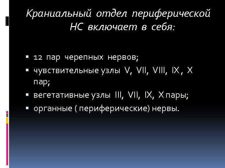 Краниальный отдел периферической НС включает в себя: 12 пар черепных нервов; чувствительные узлы V,