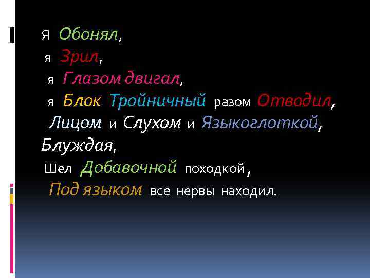 Обонял, я Зрил, я Глазом двигал, я Блок Тройничный разом Отводил, Лицом и Слухом
