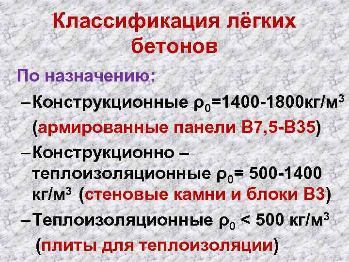 Классификация лёгких бетонов По назначению: – Конструкционные ρ0=1400 -1800 кг/м 3 (армированные панели В