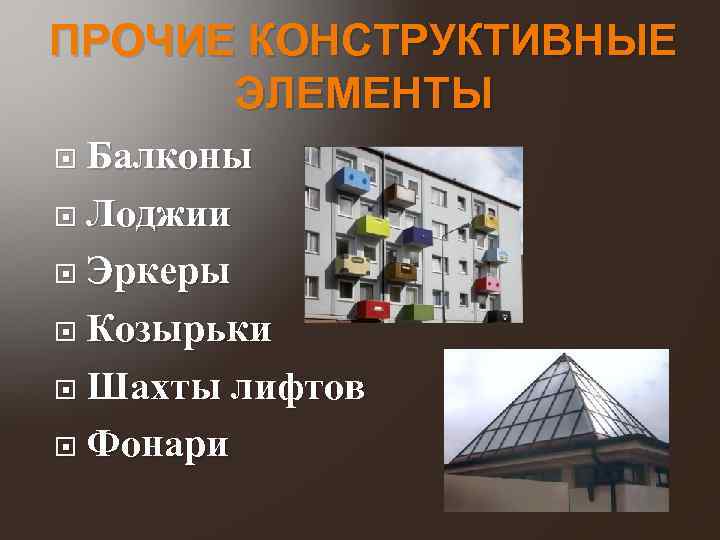 ПРОЧИЕ КОНСТРУКТИВНЫЕ ЭЛЕМЕНТЫ Балконы Лоджии Эркеры Козырьки Шахты Фонари лифтов 