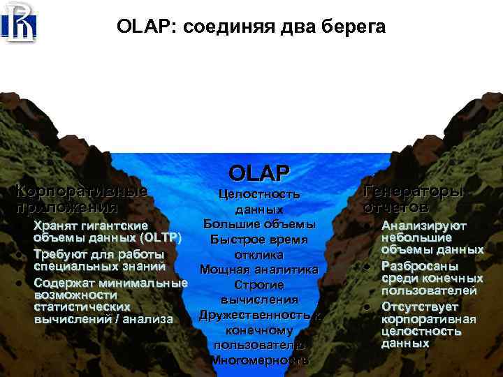 OLAP: соединяя два берега Корпоративные приложения l l l OLAP Целостность данных Большие объемы