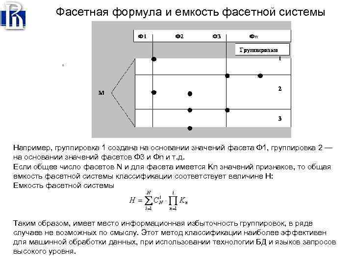Фасетная формула и емкость фасетной системы Например, группировка 1 создана на основании значений фасета