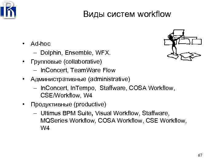 Виды систем workflow • Ad hoc – Dolphin, Ensemble, WFX. • Групповые (collaborative) –