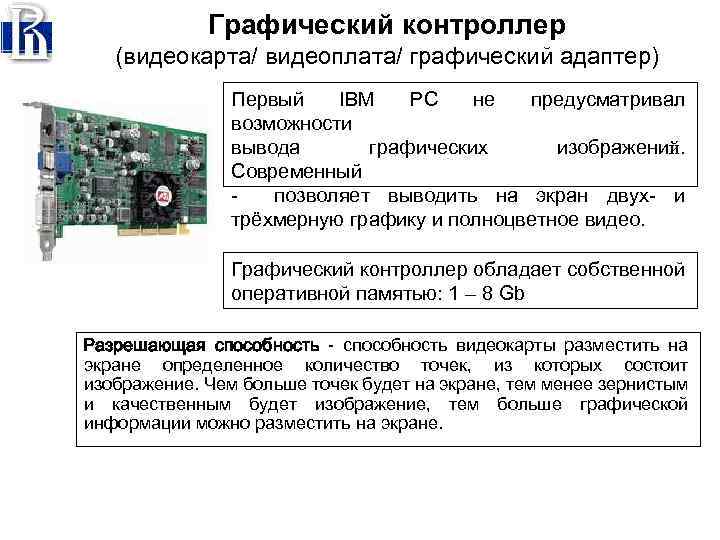 Графический контроллер (видеокарта/ видеоплата/ графический адаптер) Первый IBM PC не предусматривал возможности вывода графических