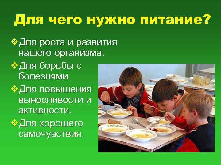 Для чего нужно питание? v. Для роста и развития нашего организма. v. Для борьбы