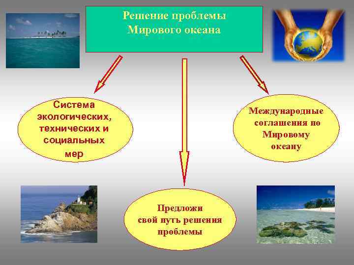 Решение проблемы Мирового океана Система экологических, технических и социальных мер Международные соглашения по Мировому