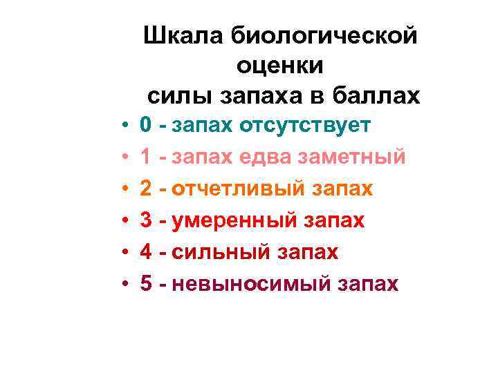 Шкала биологической оценки силы запаха в баллах • • • 0 - запах отсутствует