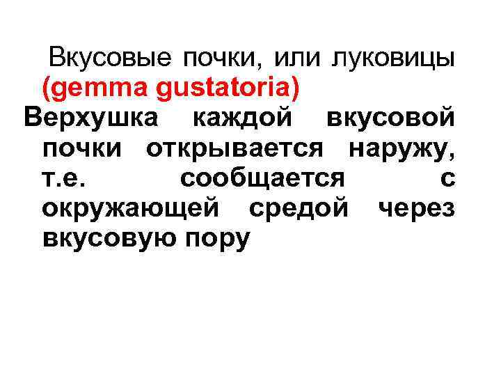 Вкусовые почки, или луковицы (gemma gustatoria) Верхушка каждой вкусовой почки открывается наружу, т. е.