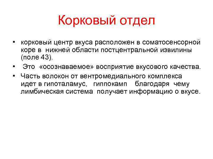 Корковый отдел • корковый центр вкуса расположен в соматосенсорной коре в нижней области постцентральной