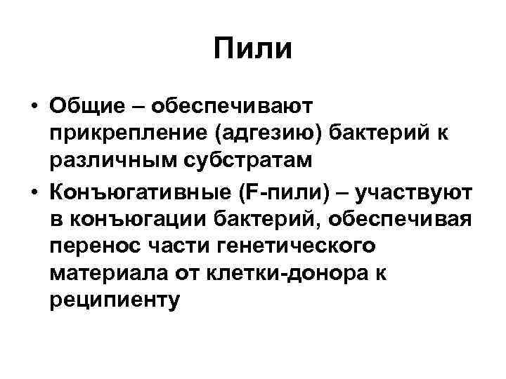 Пили • Общие – обеспечивают прикрепление (адгезию) бактерий к различным субстратам • Конъюгативные (F-пили)