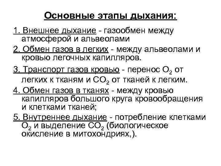 Основные этапы дыхания: 1. Внешнее дыхание - газообмен между атмосферой и альвеолами 2. Обмен