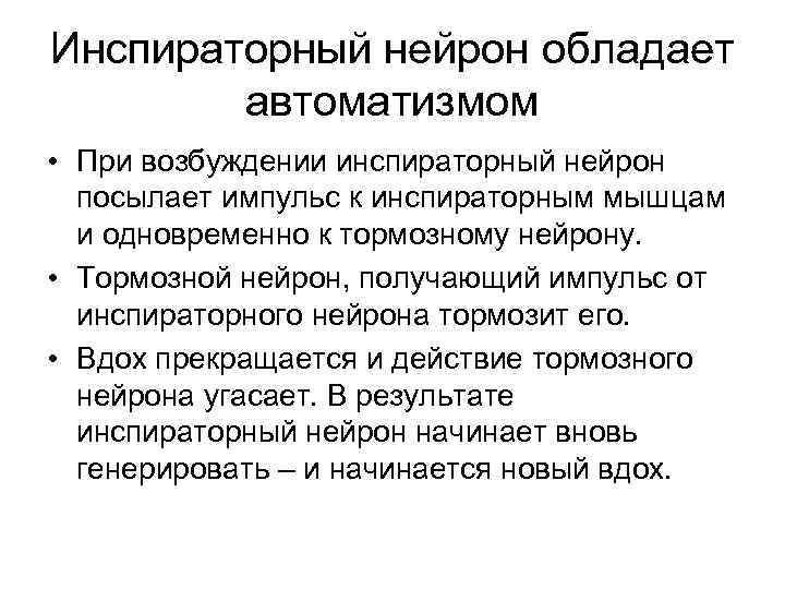 Инспираторный нейрон обладает автоматизмом • При возбуждении инспираторный нейрон посылает импульс к инспираторным мышцам