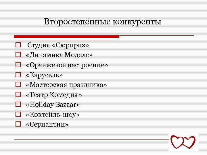 Второстепенные конкуренты o o o o o Студия «Сюрприз» «Динамика Моделс» «Оранжевое настроение» «Карусель»