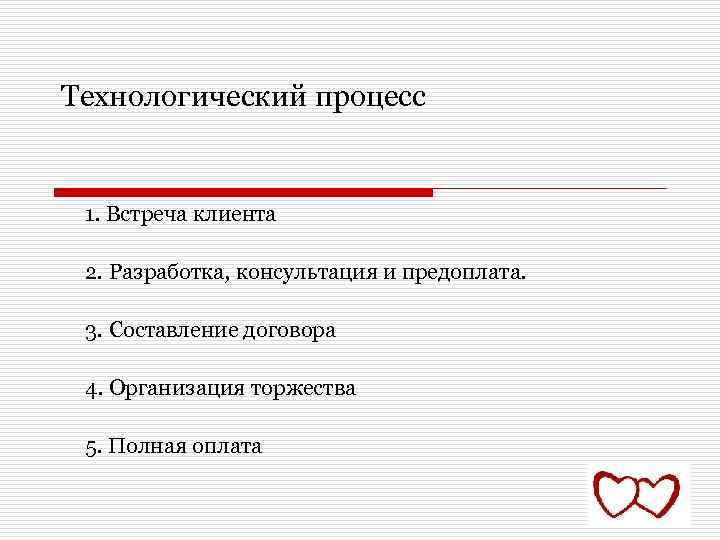 Технологический процесс 1. Встреча клиента 2. Разработка, консультация и предоплата. 3. Составление договора 4.