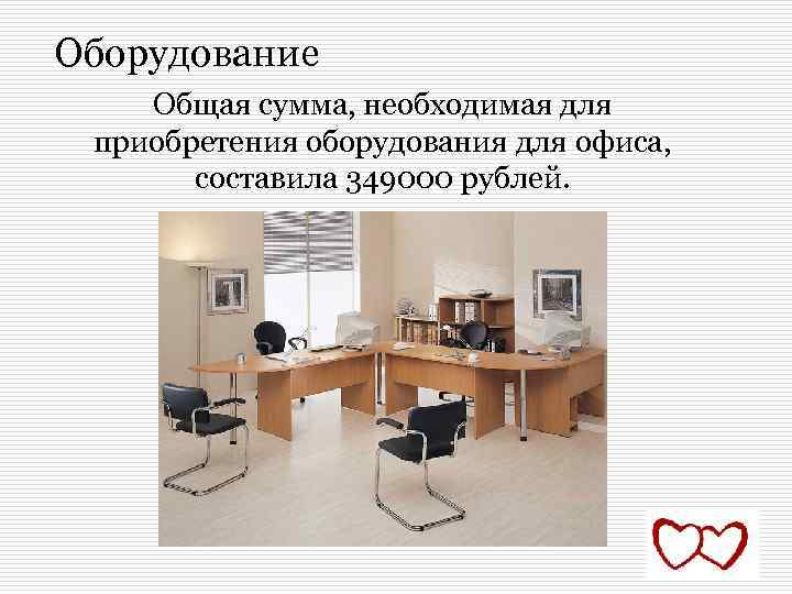 Оборудование Общая сумма, необходимая для приобретения оборудования для офиса, составила 349000 рублей. 