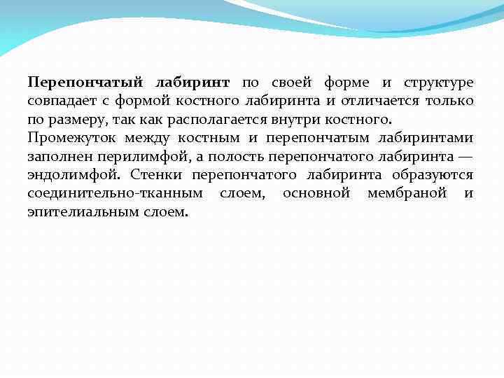 Перепончатый лабиринт по своей форме и структуре совпадает с формой костного лабиринта и отличается