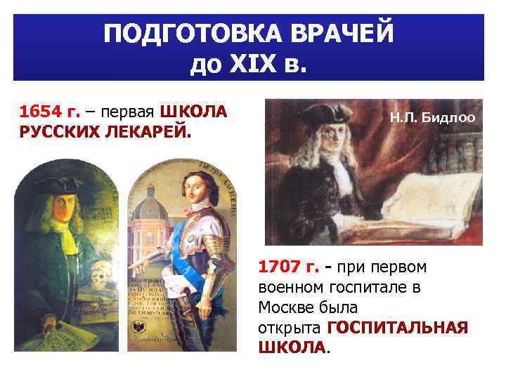 ПОДГОТОВКА ВРАЧЕЙ до XIX в. 1654 г. – первая ШКОЛА РУССКИХ ЛЕКАРЕЙ. Н. Л.