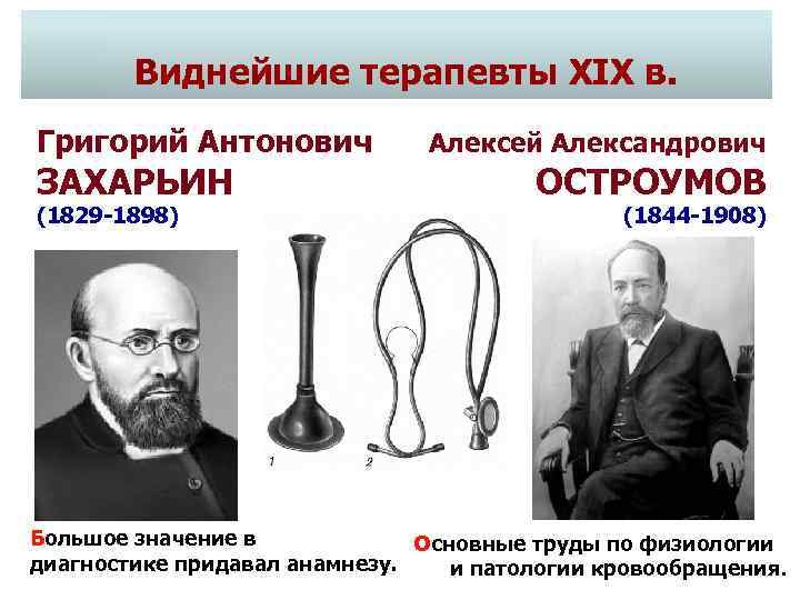 Виднейшие терапевты XIX в. Григорий Антонович ЗАХАРЬИН (1829 -1898) Алексей Александрович ОСТРОУМОВ (1844 -1908)
