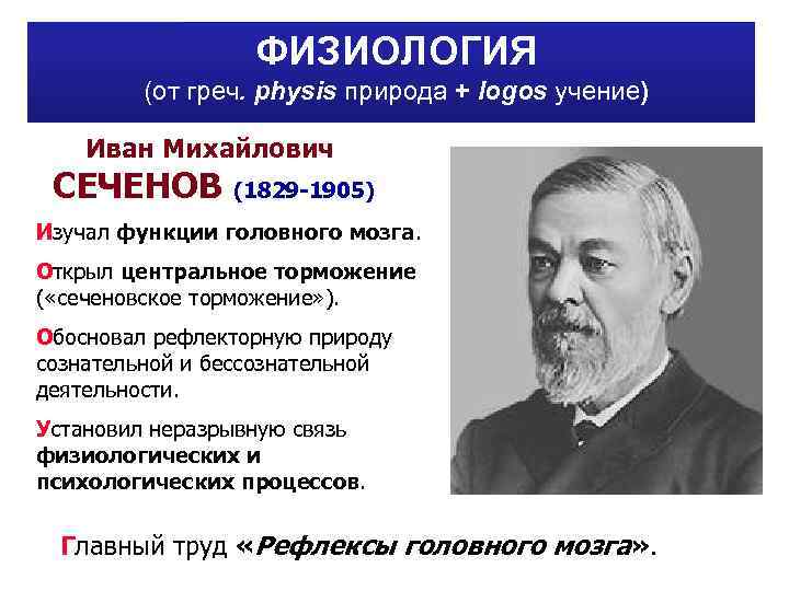 ФИЗИОЛОГИЯ (от греч. physis природа + logos учение) Иван Михайлович СЕЧЕНОВ (1829 -1905) Изучал