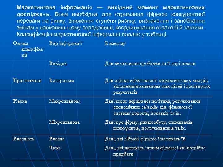 Маркетингова інформація — вихідний момент маркетингових досліджень. Вона необхідна для отримання фірмою конкурентної переваги