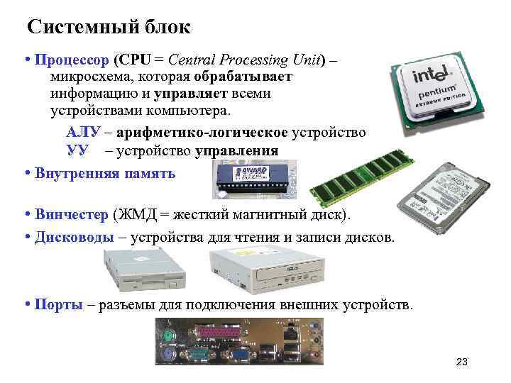 Системный блок • Процессор (CPU = Central Processing Unit) – микросхема, которая обрабатывает информацию