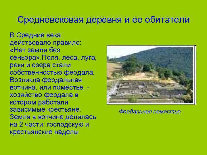 Средневековая деревня и ее обитатели В Средние века действовало правило: «Нет земли без сеньора»