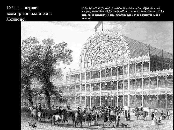 1851 г. первая всемирная выставка в Лондоне. Главной достопримечательностью выставки был Хрустальный дворец, возведённый