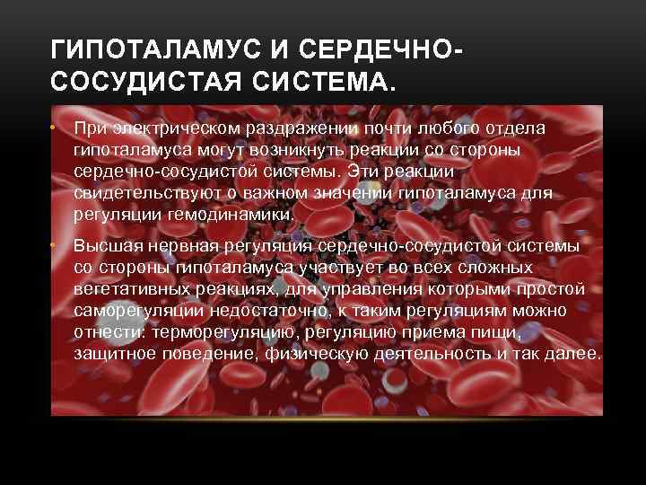 ГИПОТАЛАМУС И СЕРДЕЧНОСОСУДИСТАЯ СИСТЕМА. • При электрическом раздражении почти любого отдела гипоталамуса могут возникнуть