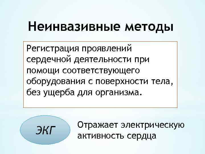Неинвазивные методы Регистрация проявлений сердечной деятельности при помощи соответствующего оборудования с поверхности тела, без