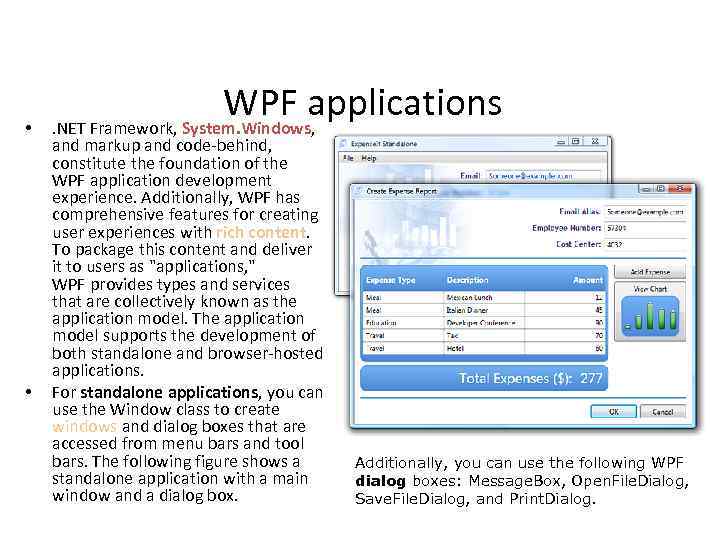  • • WPF applications . NET Framework, System. Windows, and markup and code-behind,